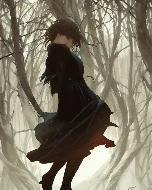 Image similar to elsa, winter, somber, sad, black dress, low light, foggy at dawn, sunlight visible through tree leaves, misty, magic, atmospheric art by artgerm and greg rutkowski and alphonse mucha and by artgerm, by studio muti, greg rutkowski makoto shinkai takashi takeuchi,