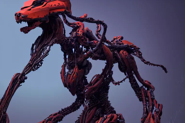 Image similar to portrait of a posed hyper detailed complex, plowhorn evangelion realistic mechanical and fleshy organic creature similar look as horizon forbidden west horizon zero dawn bioluminiscence in a dark deep forest at dawn in spring, with reflection and textures, by kilian eng, substance painter reaslitic mech surface metal painted scratches