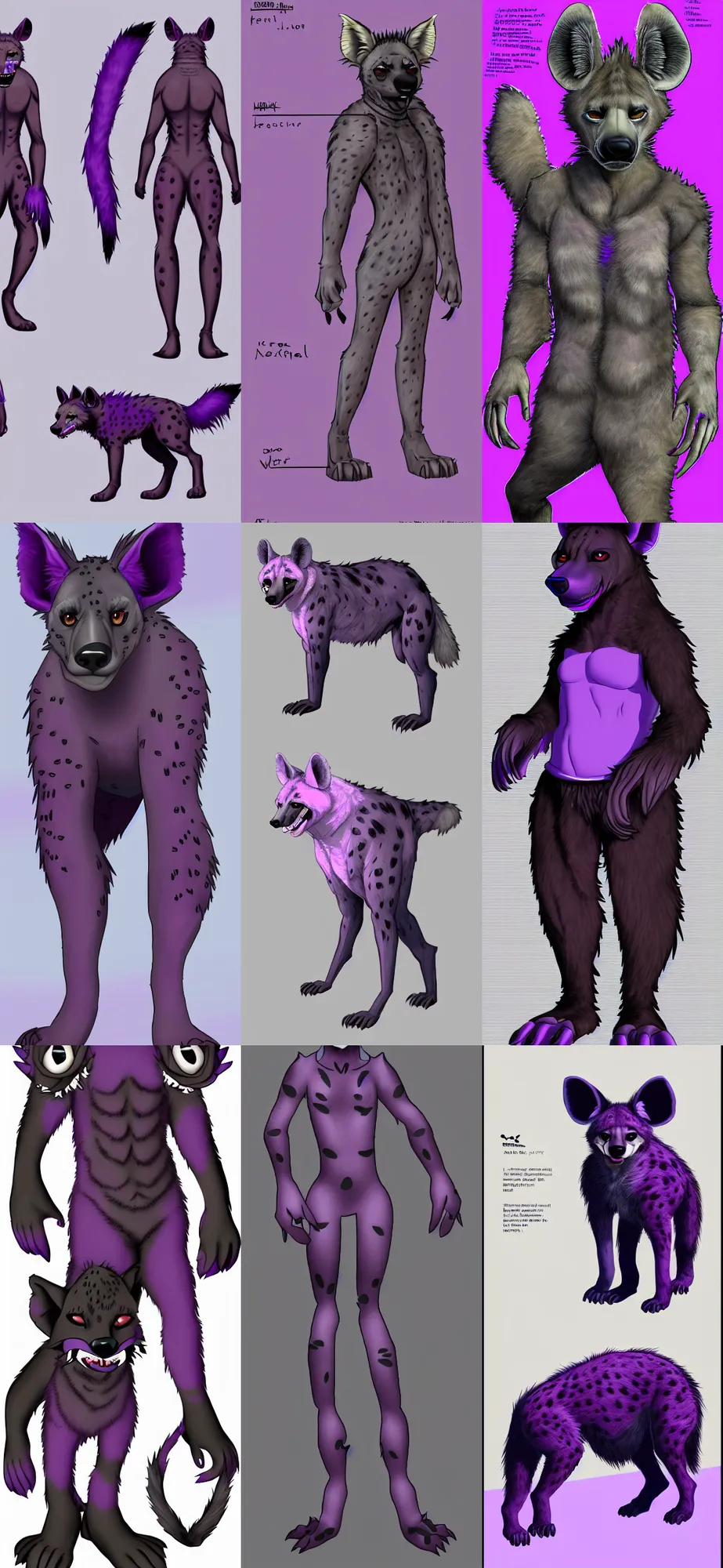 Image similar to a full - body front - perspective furry reference sheet, a male hyena fursona, purple and black color scheme, trending on weasyl, high - resolution, photorealistic