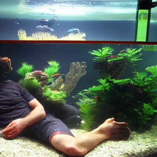 Prompt: a man in a fishtank dressed as a fish, reclining and smoking