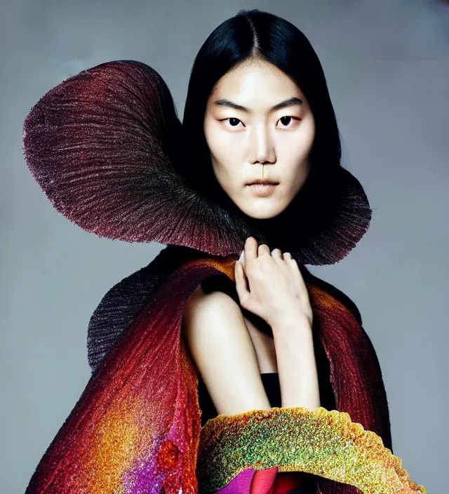 Image similar to photography facial portrait of liu wen, natural background, natural pose, wearing stunning cape by iris van herpen, with a colorfull makeup. highly detailed, skin grain detail, photography by paolo roversi, nick knight, helmut newton, avedon, araki