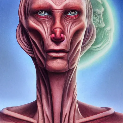 Prompt: facial portrait of tall, long-necked lipless mutant with scaled face and serpent eyes wearing gauze toga and standing in science fiction art deco mosque, alien bestiary by Barlowe, Greg Rutkowski, and Yoshitaka Amano