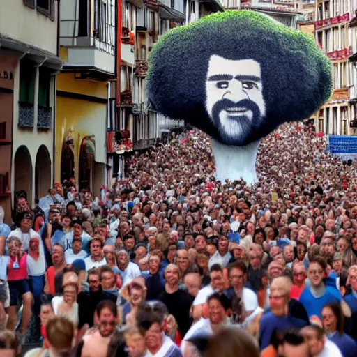 Prompt: the running of the gigantic screaming bob ross in pamplona spain