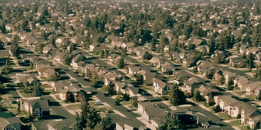 Image similar to suburbs, film still from the truman show, crane shot from above