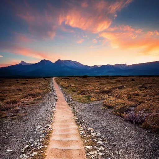 Prompt: an amazing portrait of a donkey on a slim rocky path, rocky mountains in the background, sunset sky photography, award winning cinematic lighting, highly detailed