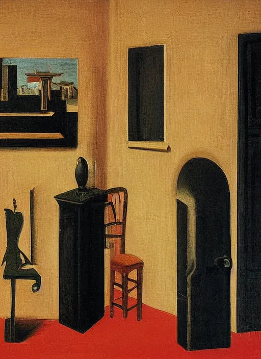 Prompt: a backroom painting by giorgio de chirico