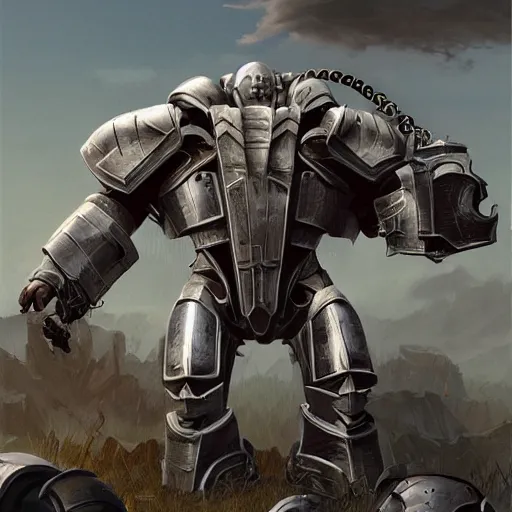 Prompt: majestic, hulking albino clone with engineering diagram tattoos on forehead and rough features, angular steel aztec power armor, on battlefield with strange coiled, spiral clouds, concept art by deak ferrand, greg rutkowski and carvaggio