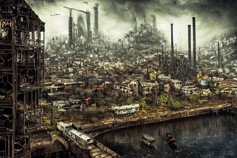 Prompt: elegance, gothic river favela honeybee hive, urban environment, industrial factory, apocalyptic, somber, award winning art, epic dreamlike fantasy landscape, ultra realistic,