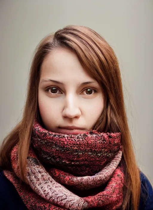 Prompt: portrait of a 2 3 year old woman, symmetrical face, scarf, she has the beautiful calm face of her mother, slightly smiling, ambient light