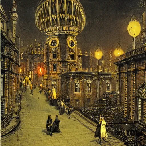 Prompt: gigantic eldritch aliens attack Victorian London. People screaming and running, in the style of john atkinson grimshaw