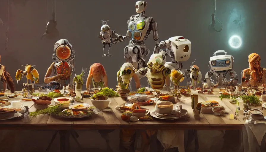 Prompt: a table dinner of robots where robots are dressed like the characters from the midsommar movie, realistic detailed digital art by maxwell boas jessica rossier christian dimitrov anton fadeev trending on artstation cgsociety rendered in unreal engine 4 k hq