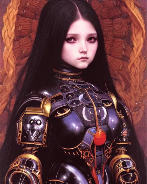 Prompt: portrait of beautiful cute young goth maiden girl with long braid in warhammer demonic mechanical armor, high details, art by ( ( ( kuvshinov ilya ) ) ) and wayne barlowe and gustav klimt and artgerm and wlop and william - adolphe bouguereau