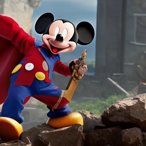 Prompt: Film still of Mickey Mouse as Thor, holding his Mjolnir
