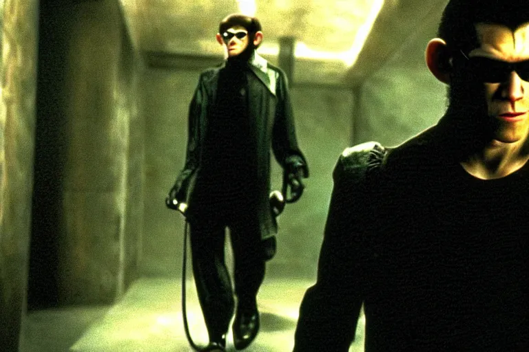 Image similar to a monkey starring as Neo on the matrix (1999), cinematic lighting, movie still