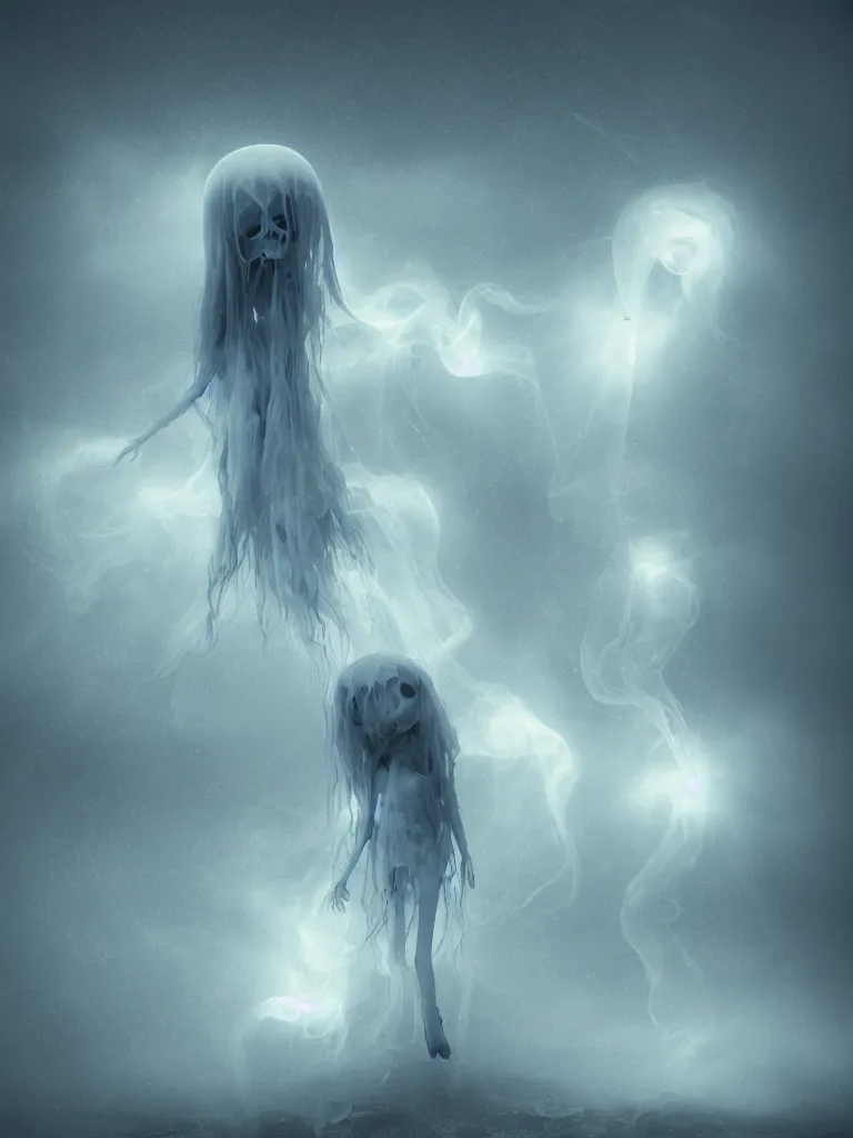 Image similar to cute fumo plush beautiful ectoplasmic gothic skeletal jellyfish ghost girl, glowing milky wisps of hazy smoke and volumetric fog on a stormy reflective river in the rain, heavy rainstorm, lens flare, subsurface scattering, vignette, asymmetry, bokeh, refraction, vray