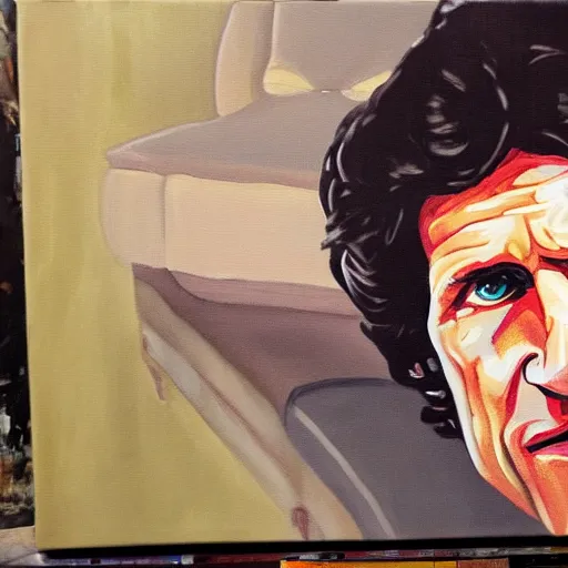 Prompt: A painting of Todd Howard of Bethesda Game Studios peeking out from under your bed