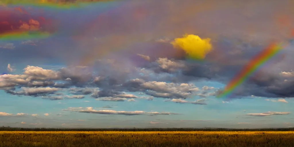 Prompt: empty clown land for miles in every direction there is a long caravan of clowns and clown cars from the 1 8 0 0 s on the horizon puffy clouds in the sky at sunset, rainbow hour, rule of thirds, art, red and yellow