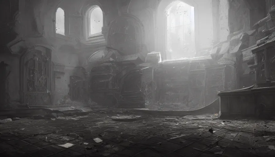 Image similar to old crypt covered by dust and cobwebs, flying particles, dirty ground, darkness, underground, hyperdetailed, artstation, cgsociety, 8 k