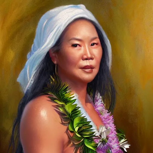 Prompt: portrait of a hawaiian woman ( 3 5 ) from hawaii in 2 0 2 1, an oil painting by ross tran and thomas kincade