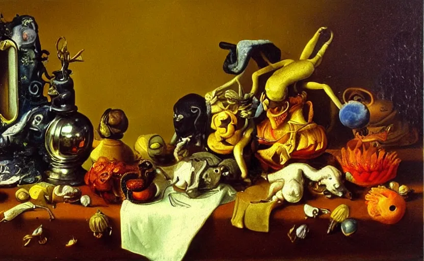 Image similar to disturbing colorful oil painting dutch golden age vanitas still life with bizarre objects strange gooey surfaces shiny metal bizarre insects rubber rachel ruysch dali todd schorr very detailed perfect composition rule of thirds masterpiece canon 5 0 mm, cinematic lighting, photography, chiaroscuro, film, kodachrome