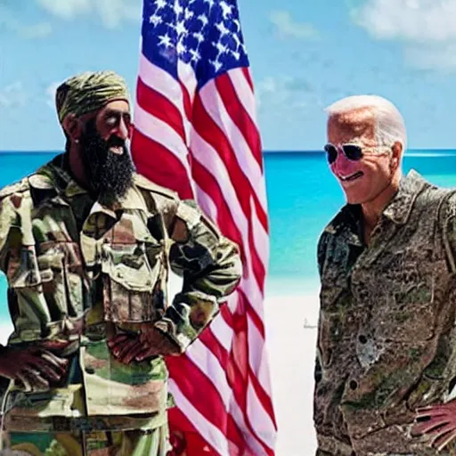 Image similar to ultra realistic candid photograph from osama bin laden with joe biden in bahamas, details intricate