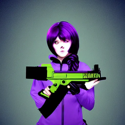 Image similar to poster artwork, sci fi, a female, full body, black hoodie techie, black hair with purple streaks, holding a gun, 8 k