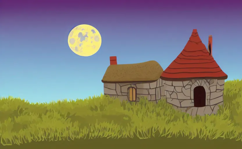 Image similar to a witch's cottage on a lonely hill against a giant moon, color ink, flat, vector