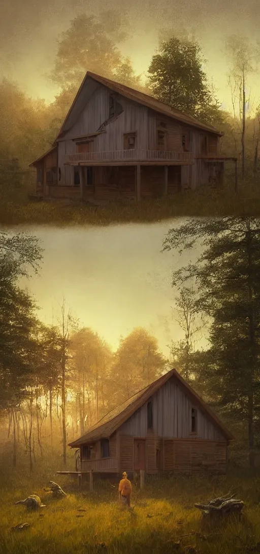 Image similar to a highly detailed epic cinematic concept art CG render digital painting artwork: small family cabin House, modern archetecture, excessove vegetation, foggy, dreamy, golden hour sunset By Greg Rutkowski, in the style of Francis Bacon and Syd Mead and Norman Rockwell and Beksinski, open ceiling, highly detailed, painted by Francis Bacon and Edward Hopper, painted by James Gilleard, surrealism, airbrush, Ilya Kuvshinov, WLOP, Stanley Artgerm, very coherent, triadic color scheme, art by Takato Yamamoto and James Jean