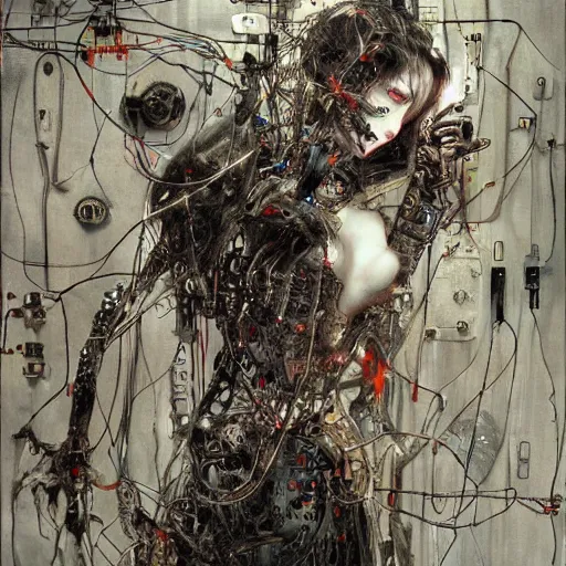 Image similar to depraved cybernetic vampire trapped in circuitry, intricate detail, miro, royo, whealan,