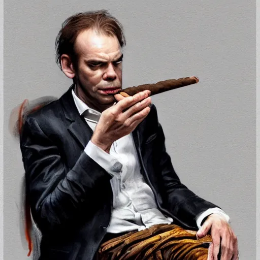 Young Hugo Weaving in a suit smoking a cigar with a, Stable Diffusion
