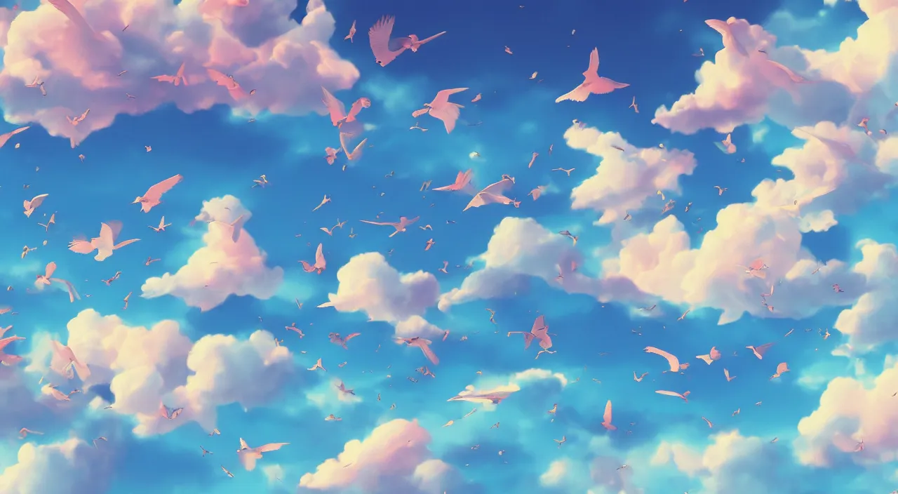 Prompt: cartoony pastel clouds with birds flying in the sky wallpaper, trending on artstation