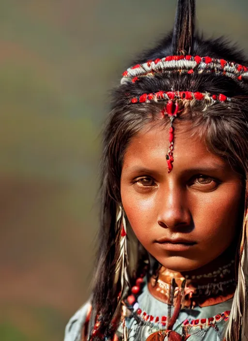 Image similar to closeup portrait of a red indian girl, depth of field, zeiss lens, detailed, symmetrical, centered, fashion photoshoot, by Annie Leibovitz and Steve McCurry, David Lazar, Jimmy Nelsson, Breathtaking, 8k resolution, extremely detailed, beautiful, establishing shot, artistic, hyperrealistic, beautiful face, octane render