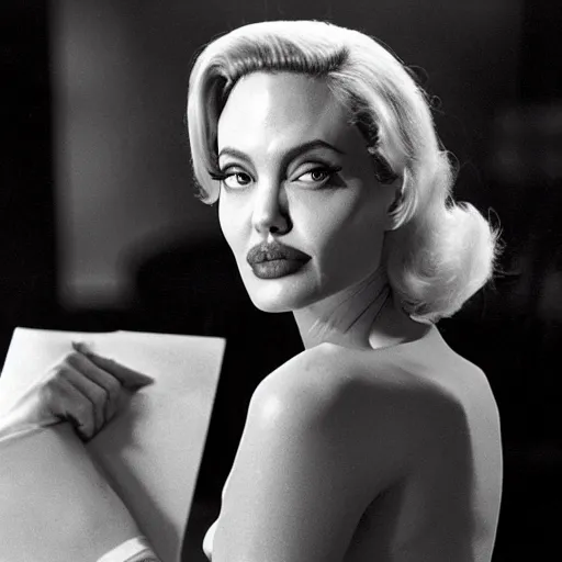 Image similar to Angelina Jolie, blonde, in Witness for the Prosecution (1957).