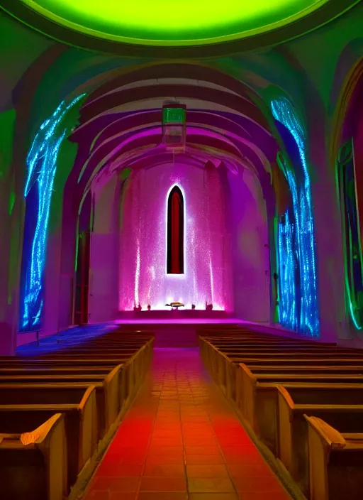 Image similar to florescent waterfall in a church interior with pentacle neon lights painted by Edward Hopper and James Gilleard