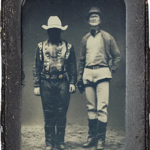 Prompt: alien standing next to cowboy, tintype photograph