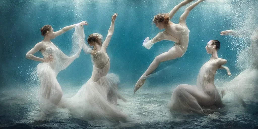 Image similar to underwater realistic photography of dancers with long gorgeous clothes , renaissance epic scene . Fluidity, elegance, beauty, water ocean cautic , ocean surface visible and water bubbles details rising up reaslitic undrwater background, high details. by CHRISTY LEE ROGERS