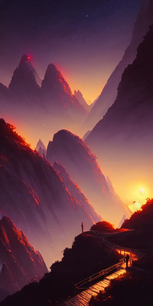 Image similar to highly detailed mountain in night, gta v, stephen bliss, unreal engine, fantasy art by greg rutkowski, loish, rhads, ferdinand knab, makoto shinkai and lois van baarle, ilya kuvshinov, rossdraws, tom bagshaw, global illumination, radiant light, detailed and intricate environment