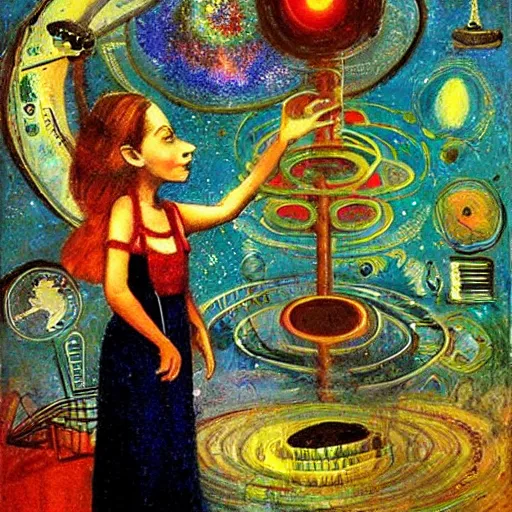 Prompt: A illustration. A rip in spacetime. Did this device in her hand open a portal to another dimension or reality?! symbolism by Margaret Olley ghostly