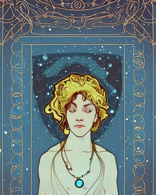 Prompt: a portrait of a galaxy as an androgynous druid spirit wearing a necklace of moons and stars, draped in transparent cloth, flat colors, occult, minimal, swirly, bust by alphonse mucha, decorative art deco border, astrophotography, vast cosmos, digital illustration overlayed on photography, trending on artstation