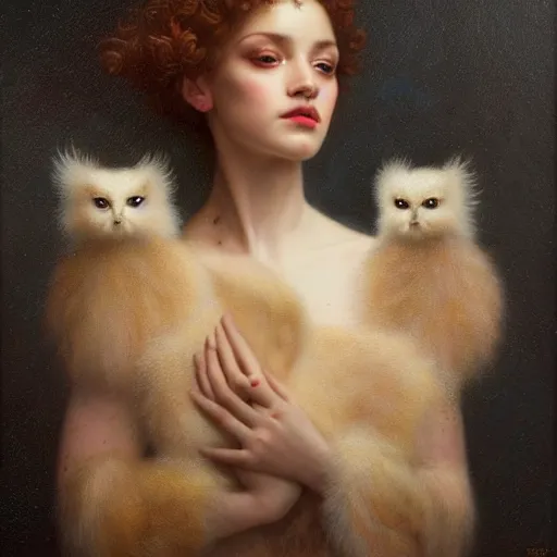 Image similar to highly detailed oil painting | very intricate | cinematic lighting | award - winning | super cute fluffy chick | by roberto ferri, by tom bagshaw, by j. c. leyendecker and klimt, beautiful cinematic light, american romanticism, by austin osman spare, artstation, cgsociety, official art, octane