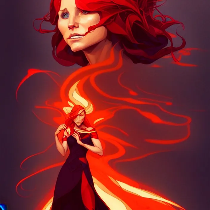 Image similar to style artgerm, joshua middleton, ellen jewett, beautiful kristen bell with dark red dress, very long orange hair, symmetrical face, symmetrical eyes, fire powers fire swirling, detailed, volcano setting, cinematic lighting