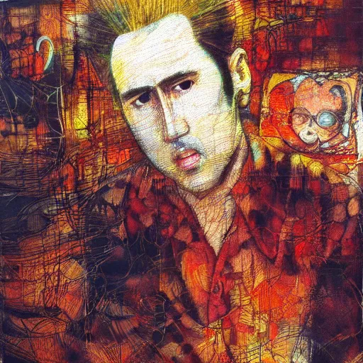 Image similar to yoshitaka amano blurred and dreamy realistic three quarter angle portrait of a nicolas cage, junji ito abstract patterns in the background, satoshi kon anime, noisy film grain effect, highly detailed, renaissance oil painting, weird portrait angle, blurred lost edges