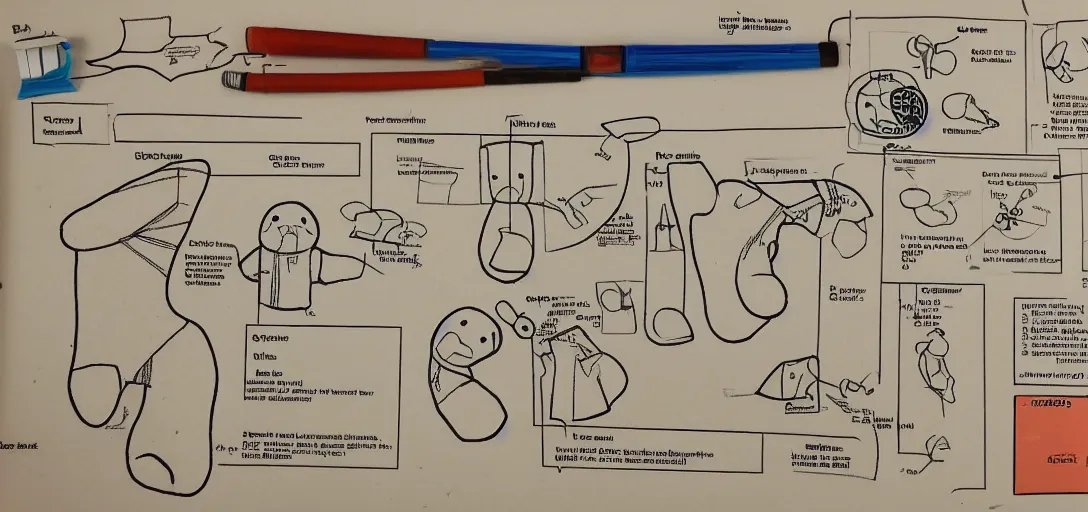 Image similar to Extremely complex instruction manual for a sock puppet, with numerous detailed schematic diagrams.