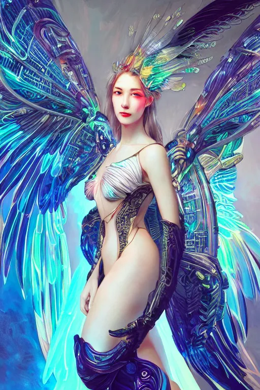 Image similar to portrait futuristic goddess angel Girl with wings and feathers, in future cyberpunk tokyo rooftop , ssci-fi, fantasy, intricate, very very beautiful, elegant, human anatomy, human structure, neon light, highly detailed, digital painting, artstation, concept art, smooth, sharp focus, illustration, art by tian zi and WLOP and alphonse mucha