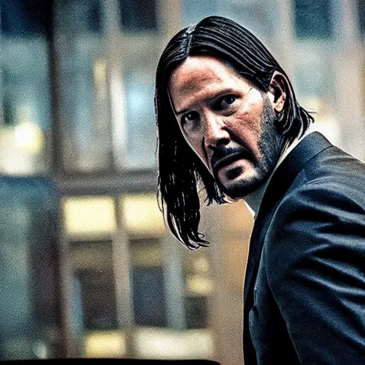Image similar to cinematic still of John Wick burning a pile of CDs in John Wick (2009). shallow depth of field, cinematic