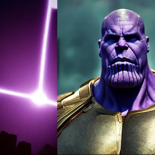 Image similar to thanos in a scene from the movie avengers, a colorized photo by michelangelo, trending on cg society, antipodeans, # vfxfriday, 8 k resolution, uhd image