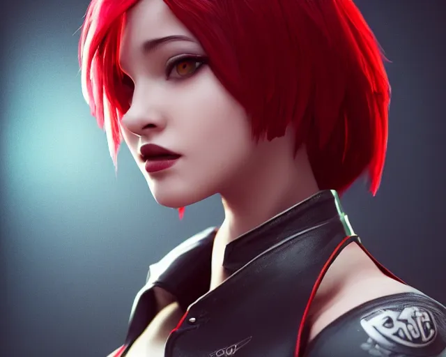 Image similar to a girl with short red hair, cool, vi from arcane, league of legends, fighter, cool red jacket, tattoo, beautiful, 3 d, potrait, art staion, studio light, closeup shot, octane render, wlop