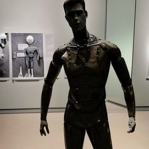 Image similar to “ a realistic detailed photo of a guy who is an attractive humanoid who is half robot and half humanoid, who is a male android, actor liam hemsworth, shiny skin, posing like a statue, blank stare, at the museum, on display ”