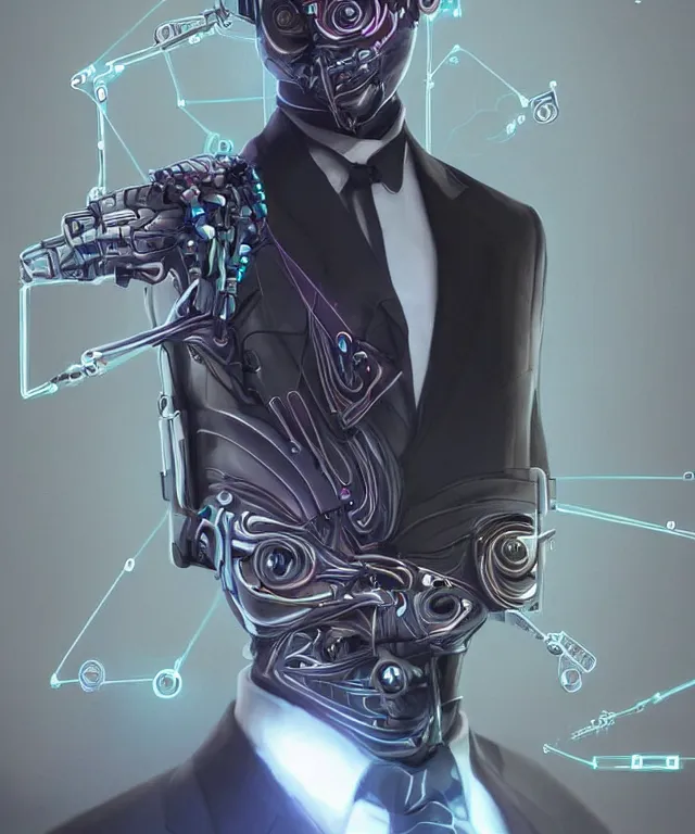 Image similar to a male android portrait wearing a suit and tie, surrealism, scifi, intricate, elegant, sharp eyebrows, highly detailed cybernetic body, neon glowing eyes, digital painting, artstation, concept art, smooth, sharp focus, illustration, art by artgerm and moebius and peter mohrbacher