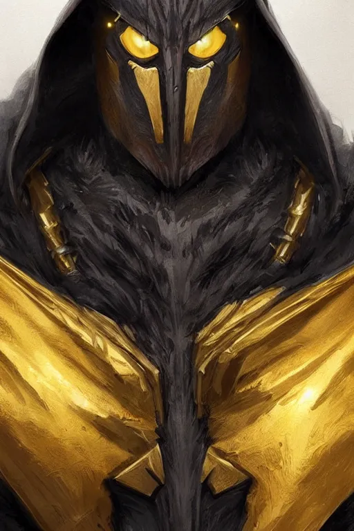 Image similar to werewolf in golden armour and black cape with hood, d & d, fantasy, portrait, highly detailed, headshot, digital painting, trending on artstation, concept art, sharp focus, illustration, art by artgerm and greg rutkowski and magali villeneuve